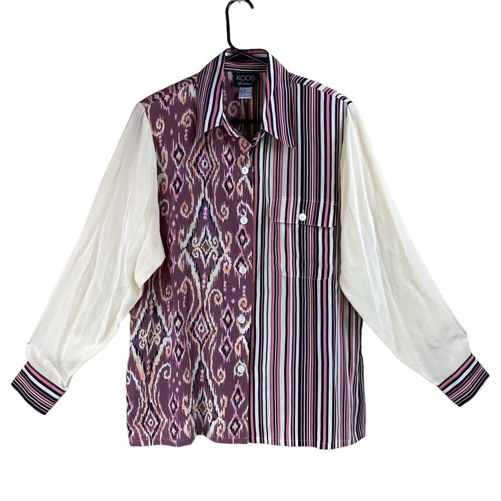 Koos of Course Womens 100% Silk Art to Wear Button Front Mixed Print Blouse Sz M